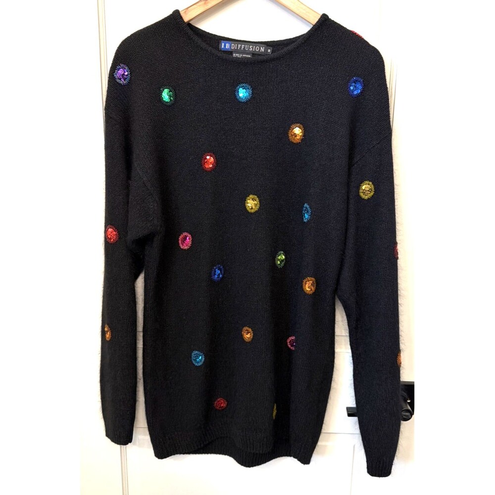Vtg 90s IB Diffusion Black Sweater Dress S Sequins Beads Silk Angora Wool Artsy